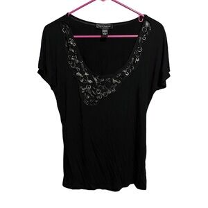 Cable & Gauge L Black Silver Ring Vneck Accent Short Sleeve Top Shirt Stretch